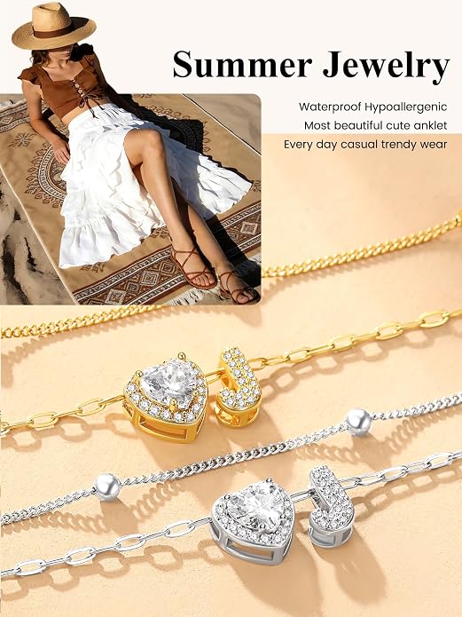 Bestyle Initial Anklet Bracelets for Women Waterproof Non Tarnish 14K Gold/White Gold Plated CZ Anklets for Women Dainty Layered Letter Heart Ankle Bracelets Adjustable Foot Chain Anklet