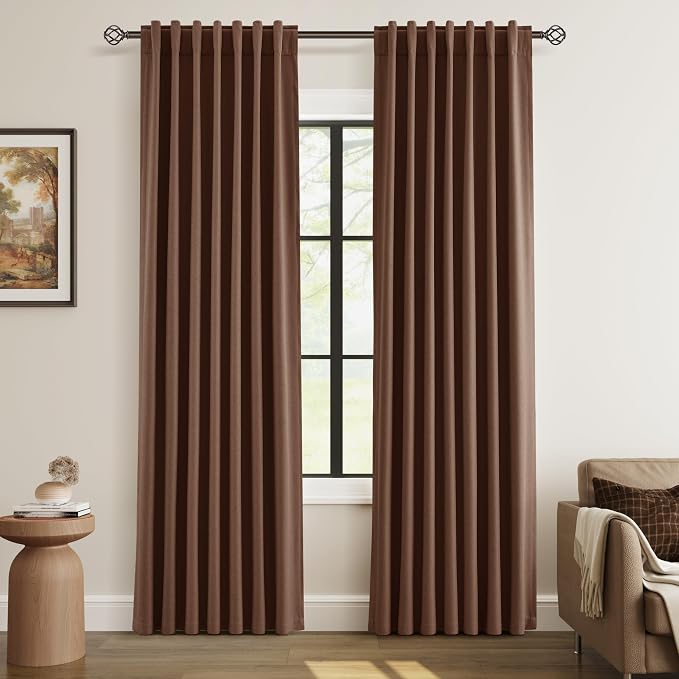 Rustic Brown 100% Blackout Linen Curtains 84 Inch Length 2 Panels Set for Living Room Bedroom Back Tab Thermal Insulated Black Out Drapes Room Darkening Farmhouse Style for Bedroom Window Curtains