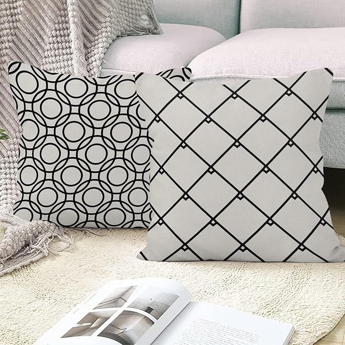 4 Pcs/Set Geometric Throw Pillow Covers Modern Geometric Lines Round Square Pattern Black White Minimalist Linen Cushion Case for Home Outdoor Couch Sofa Farmhouse Decor, 20"x20"