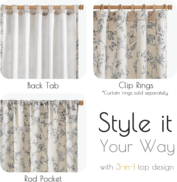 Lazzzy Charlotte Black Floral Curtains 84 Inch Length Farmhouse Lined Linen Back Tab Drapes for Living Room Bedroom Light Filtering Vintage Rod Pocket, 2 Panels, Black on Beige