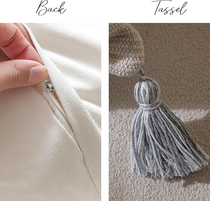 BlissBlush Gray Decorative Throw Pillow Covers 18X18 Combo Set of 2 Square Boho Neutral Grey Accent Pillowcase Tassels Farmhouse Cushion for Couch Sofa Bedroom Living Room Home Décor Cover ONLY