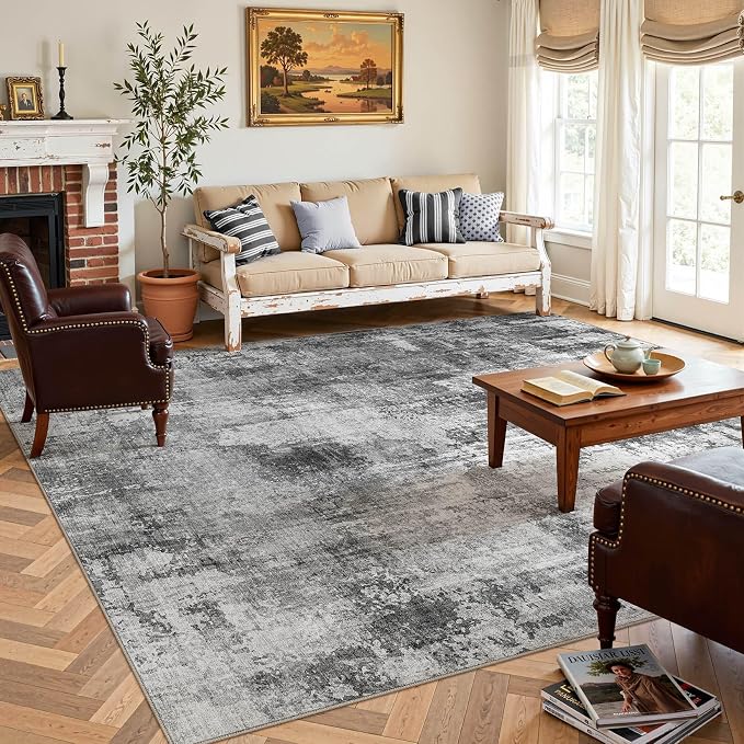DMOYEST 9x12 Area Rug for Living Room, Washable & Non Slip Large Indoor Carpet, Kid & Pet Friendly Soft Thin Low Pile Abstract Rug for Bedroom and Office - Black