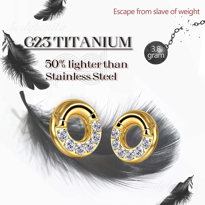 BodyBonita G23 Titanium 0G 2G 4G 6G 8G 10G 12G 14G CZ Septum Rings PA Nose Hoops Clicker Ear Weights for Stretched Ear Piercing Jewelry 10mm 12mm Silver/Gold/Black