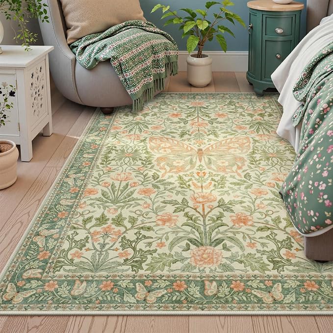 Collive 5x7 Butterfly Area Rug, Vintage Floral Rug for Girls Bedroom Washable Non Slip, Soft Boho Insect Carpet for Living Room Nursery Kids Room Playroom, Grass Green