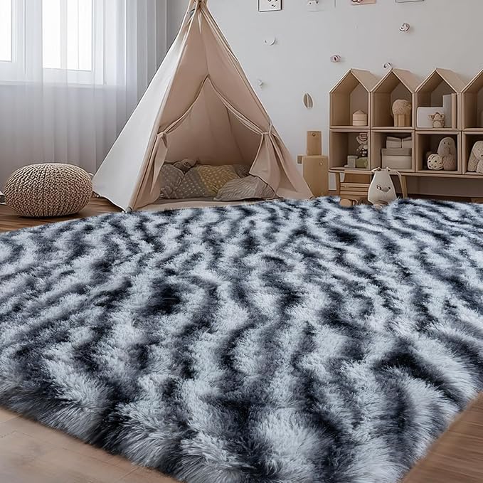 qulint 9x12 Rug for Living Room, Fluffy Zebra Rug for Bedroom Nursery | Soft Shaggy Animal Large Carpet, Plush Modern Abstract Alfombras for Dorm Room Classroom Kid Room Home Decor Aesthetic