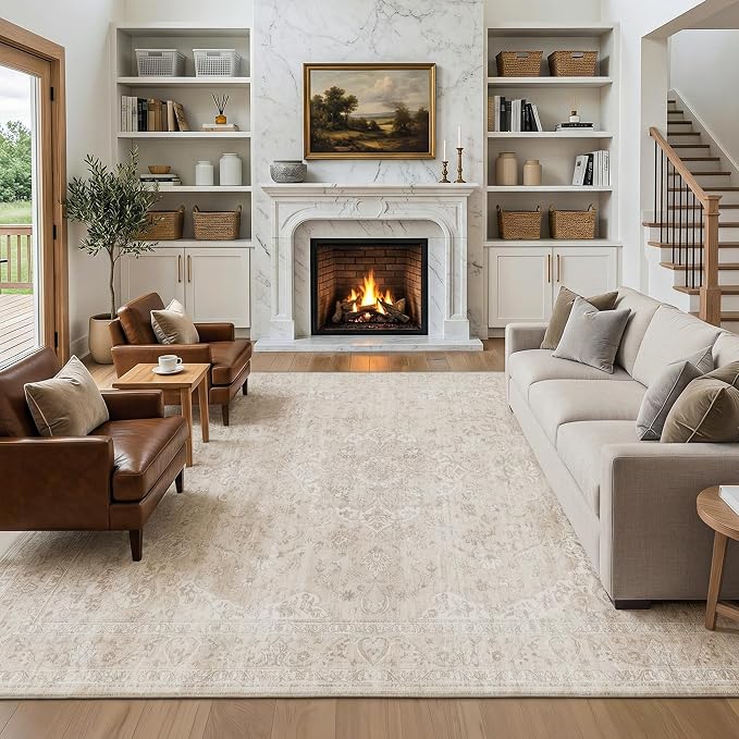 FMFUNCTEX 6x9 Washable Area Rug Neutral Beige Vintage Distressed Oriental Non Slip Low Pile Floral Rug for Living Room Bedroom Cream Traditional Soft Thin Retro Indoor Carpet for Dining Room Office