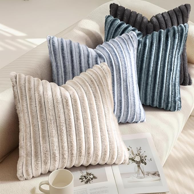 decorUhome Fall Faux Fur Throw Pillow Covers 22x22 Set of 2 Blue Grey | Decorative Soft Cozy Striped Plush Modern Farmhouse Boho Couch Pillow Cases Velvet Back for Sofa Bed Living Room Home Decor