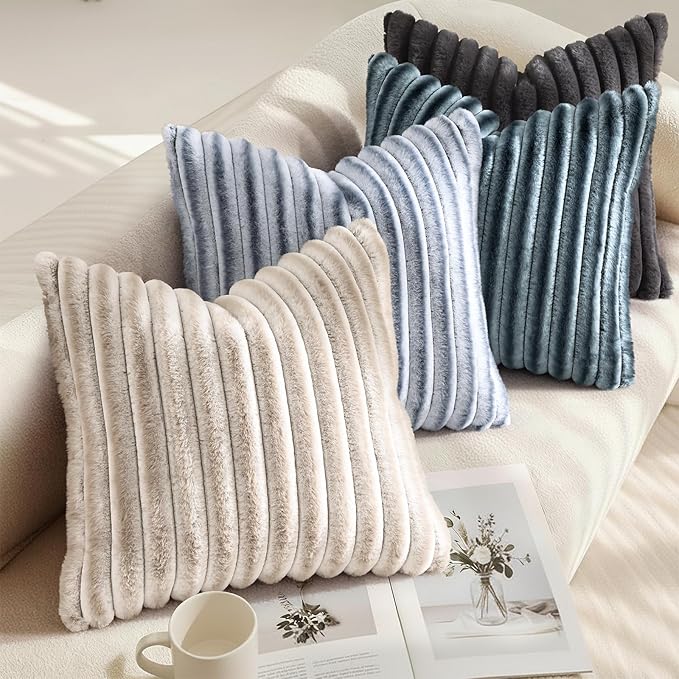 decorUhome Fall Faux Fur Throw Pillow Covers 18x18 Set of 2 Grey White | Decorative Soft Cozy Striped Plush Modern Farmhouse Boho Couch Pillow Cases Velvet Back for Sofa Bed Living Room Home Decor