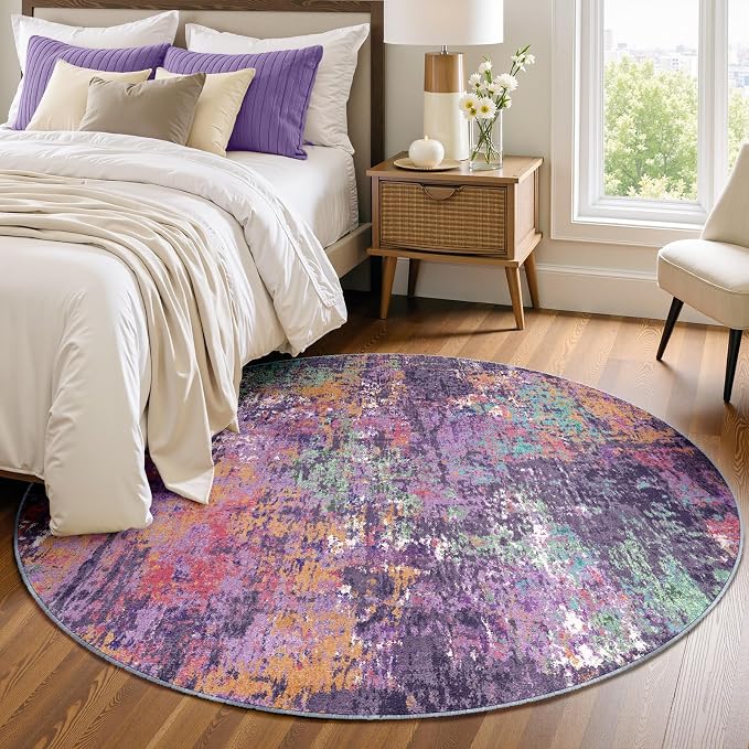 RELEANY Washable Area Rugs 4ft Non-Slip Modern Abstract Soft for Living Room Entryway Bedroom Kitchen, Print Pattern, Purple Orange Blue Green Rust Red Colorful