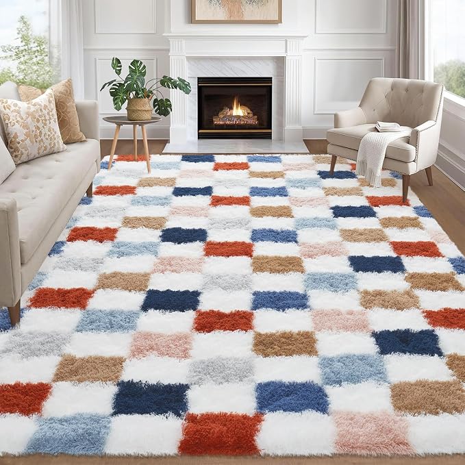 Garvee Plush Fuzzy 10x13 Area Rugs for Living Room, Washable Plush Checkered Rug for Bedroom, Modern Shag Rainbow Rugs Non Slip Soft Furry Large Carpet for Kids Room Nursery Home Decor