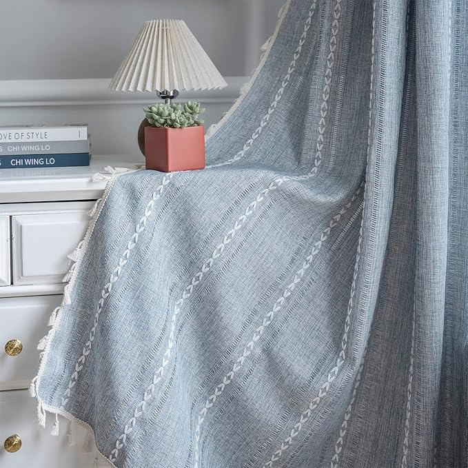 ColorBird Blue Boho Linen-Textured Floor to Ceiling Curtains for Living Dining Room Sliding Door Light Filtering 108 Inches Long Modern Farmhouse Curtains & Drapes for Master Bedroom Big Window