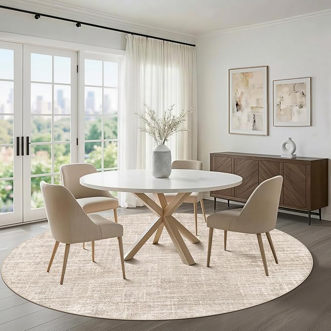 10ft Round Rug Living Room: 10x10 Washable Large Neutral Beige Circle Area Rug Abstract Soft Modern Stain Resistant Indoor Floor Non-Slip Carpet for Bedroom Nursery Kids Office Playroom Dining Room