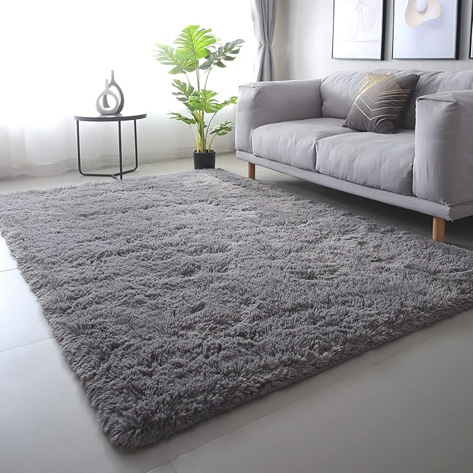 CAIYUECS Grey Shag Rugs for Bedroom 5x7 - Soft Bedside Dorm Area Rug | Plush fuzzy soft carpet for college girls dorm - Non-slip bedside rug - Shag rug for living room - Memory foam comfort