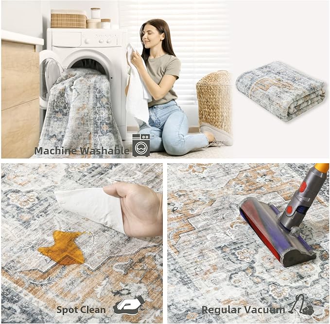 3x5 Washable Area Rug for Bedroom: Boho Entryway Rug with Non Slip Backing Low Pile Faux Wool Soft Small Throw Rugs for Living Room Kitchen Bedside Office Dorm Foyer Nursery Entrance Enytry Indoor