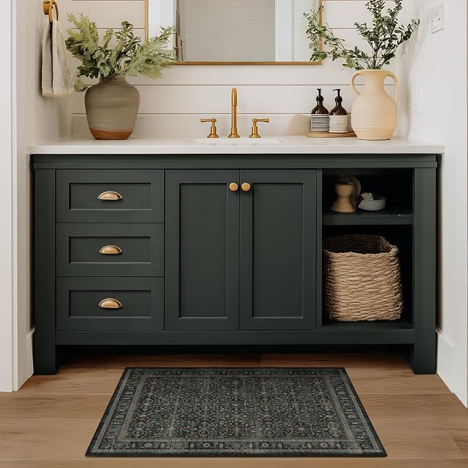 Dark Teal 2x3 Washable Entryway Rug Indoor, Non Slip Thin Door Mat Indoor Entrance, Vintage Small Rugs for Bathroom/Kitchen/Bedroom, Moroccan Floral Trellis Entry Rugs for Inside House