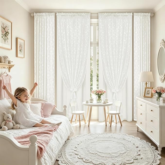 ASPMIZ Linen Curtains for Living Room Double Layer Curtains with Linen Lace, White Curtain for Bedroom Light Filtering, Rod Pocket Drapes 84 Inch Length 2 Panels Set with 2 Tiebacks, 52x84