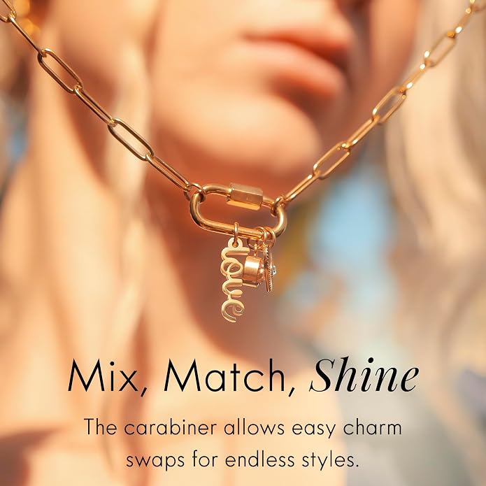 Destin Jewelry 18K Gold PVD Faith Charm Necklace for Women, Chunky Paperclip Chain with Carabiner Charm Keeper and Message, Stainless Steel Necklace 18"+2"