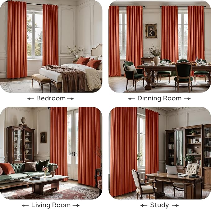 HOMEIDEAS 100% Blackout Burnt Orange Velvet Curtains, Thermal Noise Reduction Luxury Vintage Christmas Velvet Curtains for Bedroom Decor, Living Room, Home, 52 X 108 Inch, 2 Panels