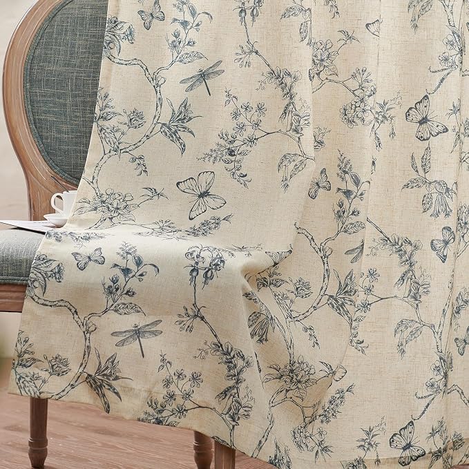 Lazzzy Charlotte Linen Blue Floral Curtains 90 Inch Length Farmhouse Curtain Back Tab Drapes for Living Room Bedroom Light Filtering Vintage Rod Pocket Curtains, 2 Panels, Blue on Beige