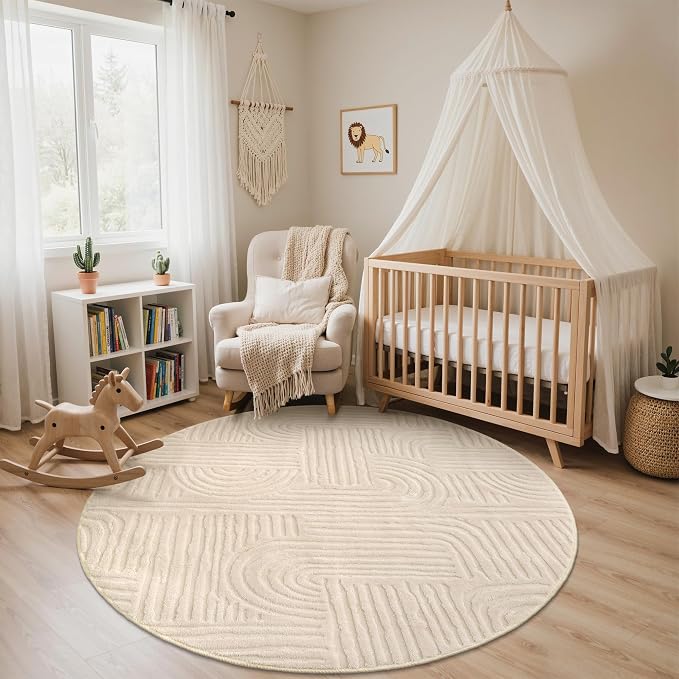 GENIMO Soft Round Rug 6ft, 3D Modern Arch Pattern Washable Area Rugs, High-Low Pile Non Slip Fuzzy Circle Living Room Rug, Non-Shedding Stain Resistant Beige Carpet for Bedroom, Dining Room, Nursery