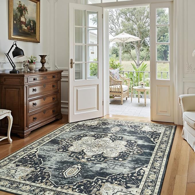 Lofus 5x7 Washable Rugs Non-Slip, Vintage Floral Area Rug for Living Room Bedroom Dining Room Kitchen, Low Pile Distress Print Medallion Carpet Home Decor Rug, Black Beige