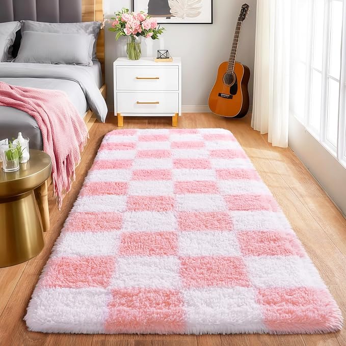 Pionblank Checkered Rug for Bedroom 2x6, Modern Fluffy Runner Rugs for Living Room, Super Soft Shaggy Bedside Carpet for Kids Room Nursery Teens Dorm Decor, Pink and White