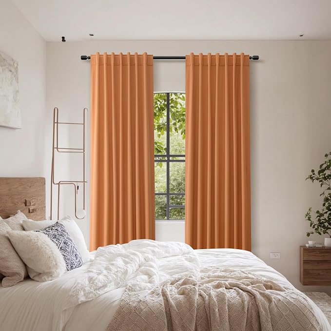Guken Orange 100% Blackout Linen Curtains 102 Inch Length 2 Panels Set for Living Room Bedroom Back Tab Thermal Insulated 100% Black Out Drapes Room Darkening Farmhouse Window Curtains, 52x102