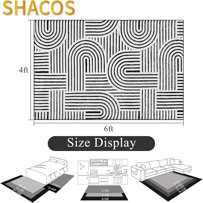 SHACOS Soft Cozy Fluffy Arch Pattern High Low Pile Rugs 4'x6' Non Slip Washable Scandinavian Minimalist Rug Modern Geometric Arc Carpet for Living Room Bedroom Dining Room, Black White