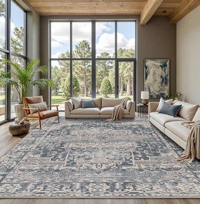 Rugxara Blue 9x12 Area Rugs for Living Room Bedroom Large Washable Rug | Non Slip, Rug for Dining Room Office Farmhouse, Stain Resistant, Soft, Low Pile, Vintage Boho Retro Carpet, Home Decor