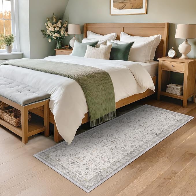 Hazo Haus Washable Neutral 2x6 Bathroom Runner Rug, Vintage Kitchen Floor Mat for Indoor Entrance and Bedroom, Light Gray & Sage Geometric Runner Rug Decor, Low Pile Stain Resistant