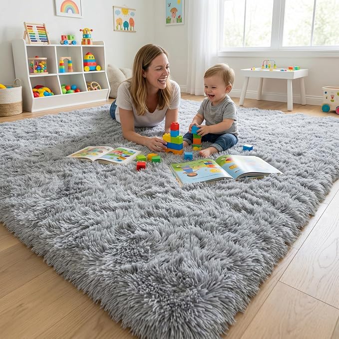 Fluffy Rugs for Living Room: Grey Soft Shag Rug for Bedroom, Large Fuzzy Plush Indoor Floor Carpet Non Slip Modern Rug for Nursery Boys Girls Kids Room Playroom Dorms Home Decor, 9x11 Feet