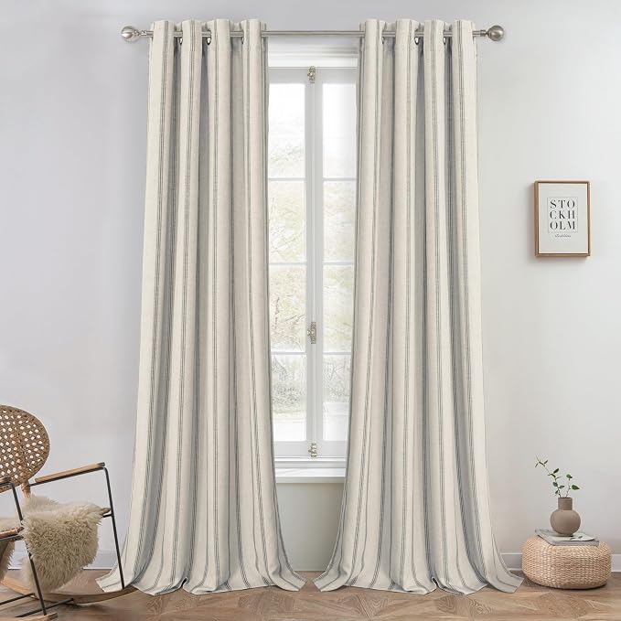 DriftAway Farmhouse Linen Stripe Blackout Curtains, W52xL96, Gray | Blackout, Linen Texture, Stripe Pattern, Rod Pocket & Back Tab, Two Layers, Bedroom Living Room Use, Sound Reducing Design
