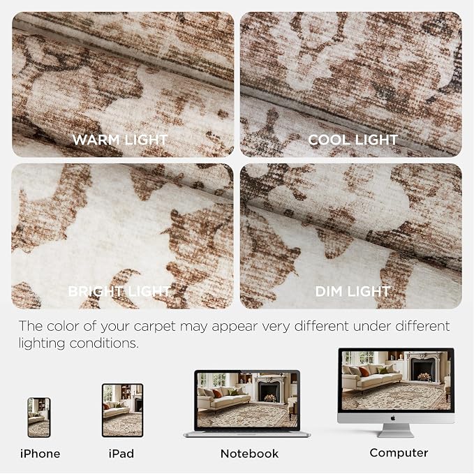 Joydeco 5x7 Area Rugs for Living Room, Non Slip Machine Washable Vintage Rug, Low Pile Chenille Print Rugs for Bedroom, Dining Room, Home Office, Pet & Child Friendly, Beige & Blue & Reddish-Brown