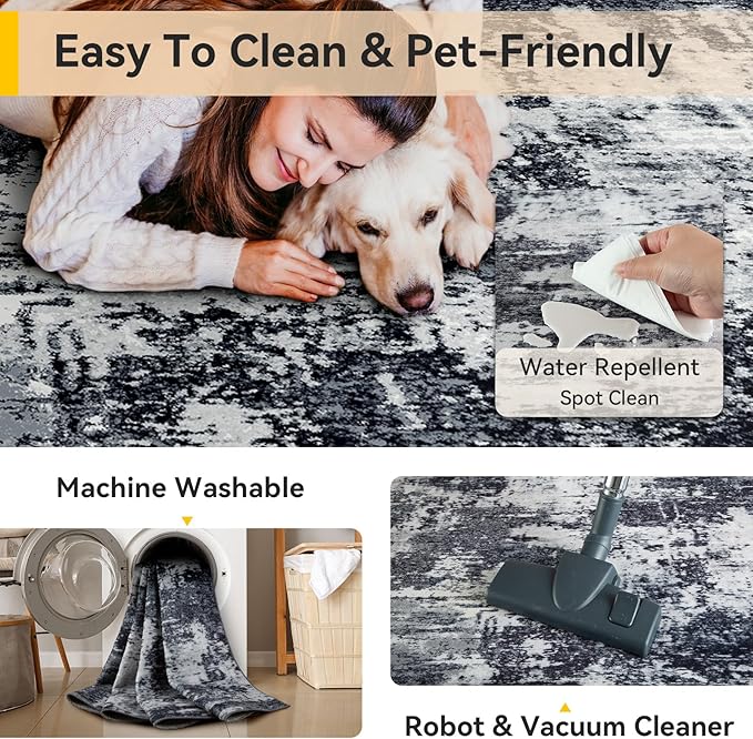RELEANY Washable Area Rugs 9'x12' Non-Slip Modern Abstract Soft for Living Room Entryway Bedroom Kitchen, Print Pattern, Black Navy Blue Gray