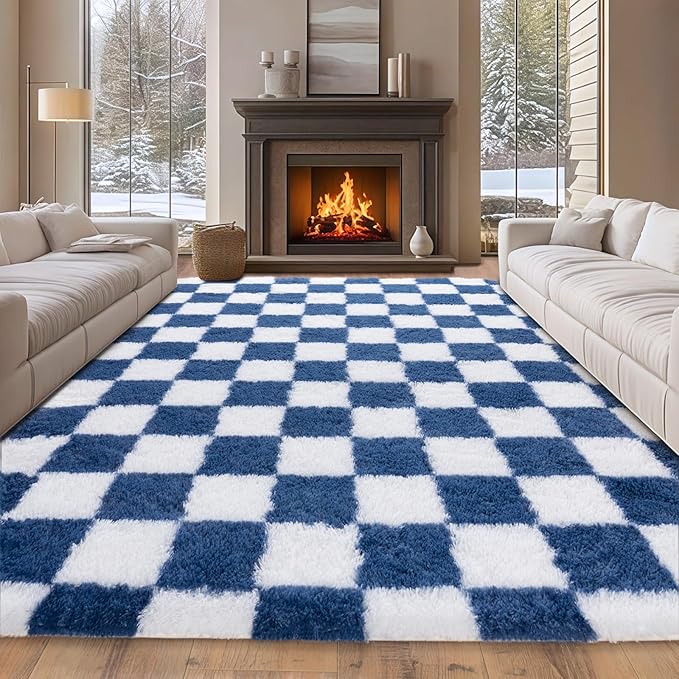 9x12 Area Rugs for Living Room Bedroom, Large Shag Fluffy Rug | Checkered Shaggy Shag Rug, Soft and Comfy, Non Slip Big Fuzzy Carpet for Bedroom Nursery Kids Girls Boys Room Dorm Home Decor