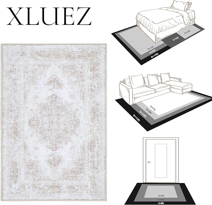 XLUEZ Area Rug 4x6 Vintage Rug, Machine Washable Vintage Distressed Medallion Rug Non-Slip Soft Low Pile Large Indoor Rugs for Bedroom Kitchen Dining Room Office(Beige,4'x6')