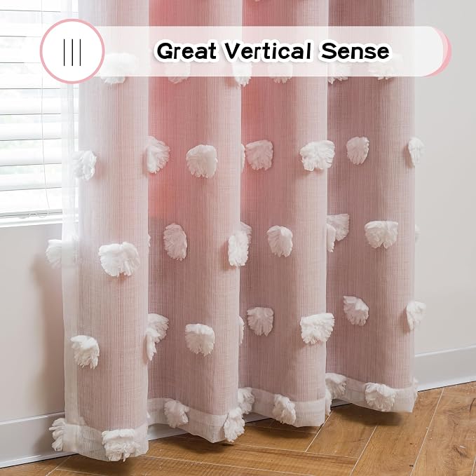 MYSKY HOME Pink Curtains for Living Room 95 Inches Long White Sheer Pom Pom Kids Room Decor Curtain Double Layer Drapes for Sliding Door Back Tab Window Panels, 52" x 95", Blush Pink, Set of 2