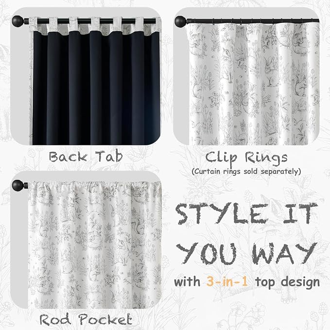 jinchan Grey Blackout Curtains 63 Inch Whimsical Back Tab 2 Panels | Room darkening,nursery kids bedroom,privacy,whimsical,cottagecore,bunny pattern,botanical,nature-inspired decor
