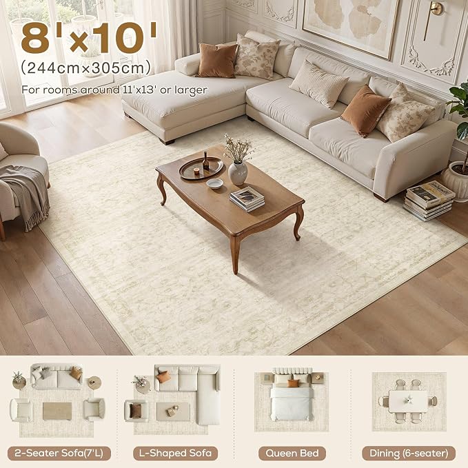 Nakagishi 8X10 Area Rugs Living Room: Washable Large Vintage Rug Neutral Non-Slip Soft Stain Resistant Indoor Carpet for Bedroom Nursery Dining Room Office Playroom - Vintage Beige
