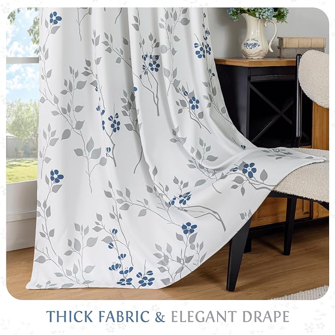 Beauoop Floral 100% Blackout Curtains for Bedroom Blue Grey 52X96 2 Panels | Flower Patterned Blue White Room Darkening Drapes for Living Room 96 Inch Long Thermal Soundproof Window treatment Rod Pocket