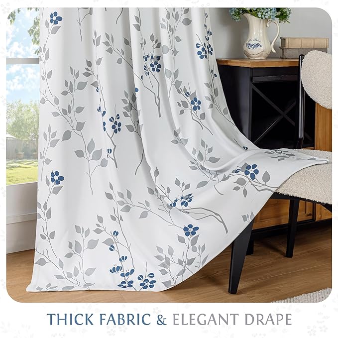 Beauoop Floral 100% Blackout Curtains for Bedroom Blue Grey 52X63 2 Panels | Flower Patterned Blue White Room Darkening Drapes for Living Room Thermal Insulated Soundproof Window treatment Grommet