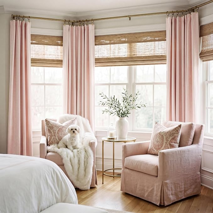 RYB HOME Pink 100%Blackout Linen Curtains for Girl's Room W52 x L96, Thermal Insulated &Privacy Assurd Curtains for Bedroom/Nursery/Living Room, Rod Pocket&Back Tab Drapes Boho Vintage Style, 2 Panels