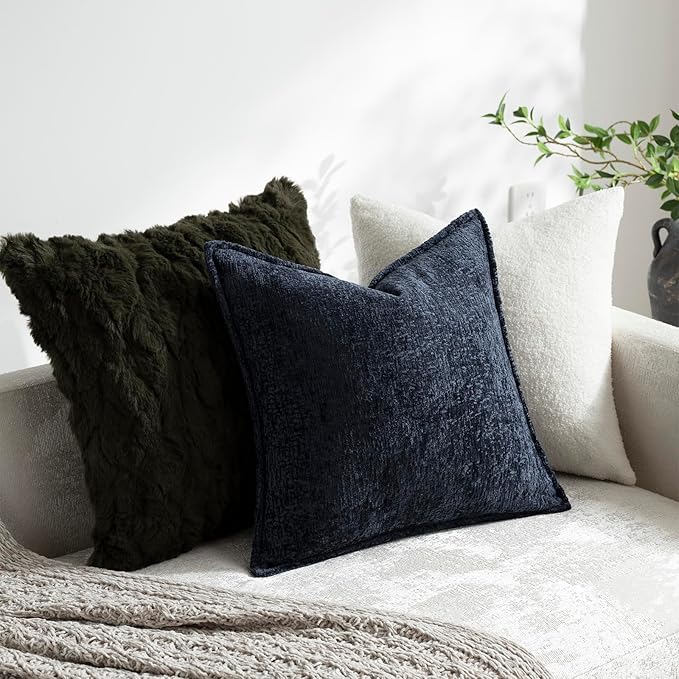 DEZENE Pack of 2 Navy Decorative Throw Pillow Covers 16x16 Cozy Soft Chenille Accent Vintage Square Couch Pillow Covers for Home Decor Bed Sofa Living Room