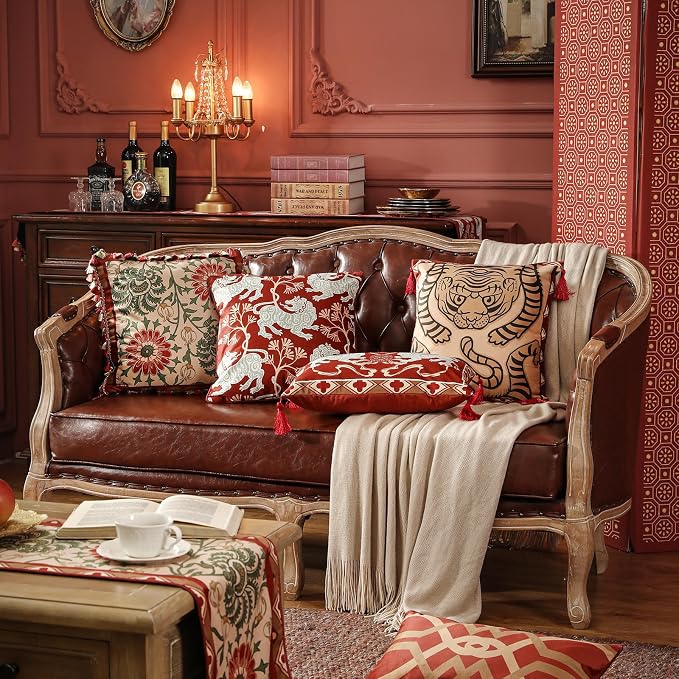 patdrea Designer French Velvet Throw Pillow Cover,Set of 4,-Clarence | Elegant Vintage Lumbar Pillow Case with Zipper,Red Floral Pattern,Decor Cushion Coverfor Couch Living Room Bedroom Sofa