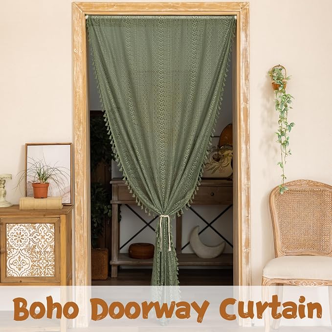 Sutuo Home Olive Green Boho Doorway Curtains for Doorway Closet, Lace Sheer Door Curtains for Front Door Crochet Vintage Tassels Bohemian Privacy Temporary Room Divider Rod Pocket,1 Panel 37" x 80"