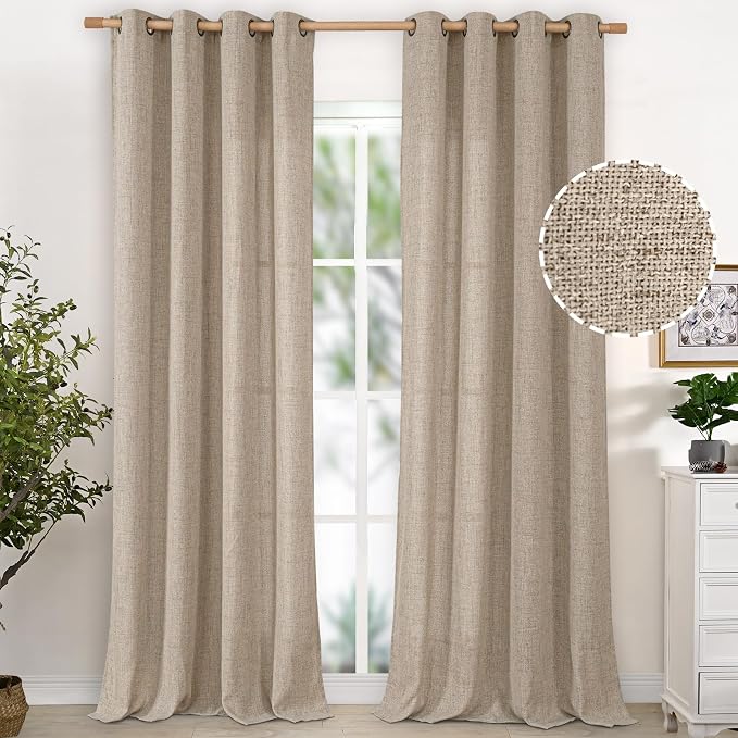 YoungsTex Oatmeal Linen Curtains 95 lnch Long 2 Panels, Tan Grommet Drapes | Semi Sheer Window Treatments Floor Length for Farmhouse Bedroom Light Filtering, 52 X 95 Inch