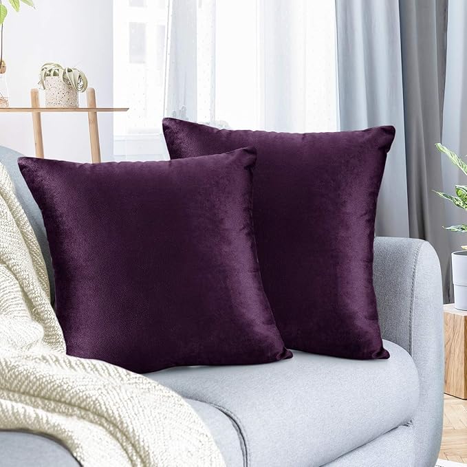 Nestl Throw Pillow Covers, Cozy Velvet Decorative Autumn Pillow Covers 22 x 22 Inches, Soft Solid Couch Pillow Covers for Sofa, Bed and Car, Set of 2 - Eggplant Purple