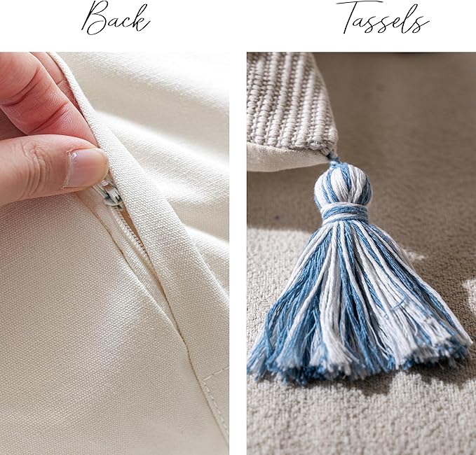 BlissBlush 20X54 Oversized Large Lumbar Pillow Cover for Bed, Rectangular Long Decorative Throw Pillowcase, Cotton Boho Accent Cushion with Blue Tufted Pattern and Tassels, Cream Neutral (Cover Only)