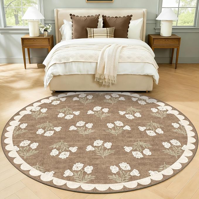 Tan Neutral Round Rug 5ft - Washable Floral Boho Farmhoues Scalloped Round Rugs for Bedroom Non Slip Stain Resistant 5x5 Circle Area Rug for Living Room Entryway Dining Room Nursery Carpet