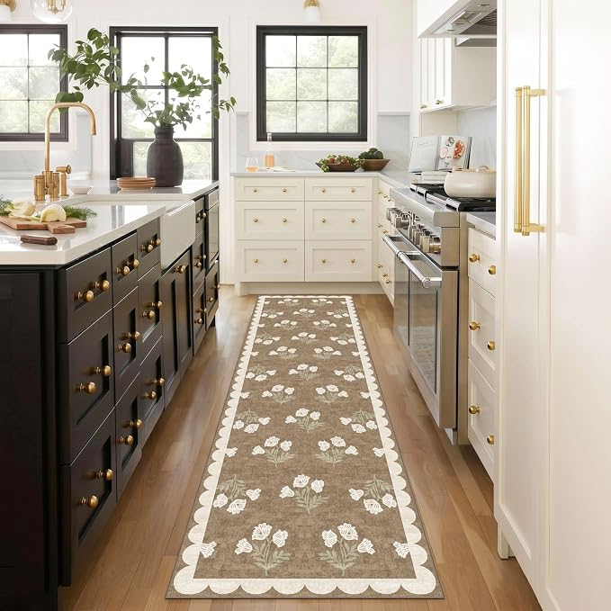 Non Slip Washable Hallway Runner Rug - 2.5x12 Extra Long Tan Kitchen Runner Rug Soft Boho Runners for Hallways Vintage Floral Scalloped Area Rug for Bedroom Entryway Foyer Stair Runner Decor